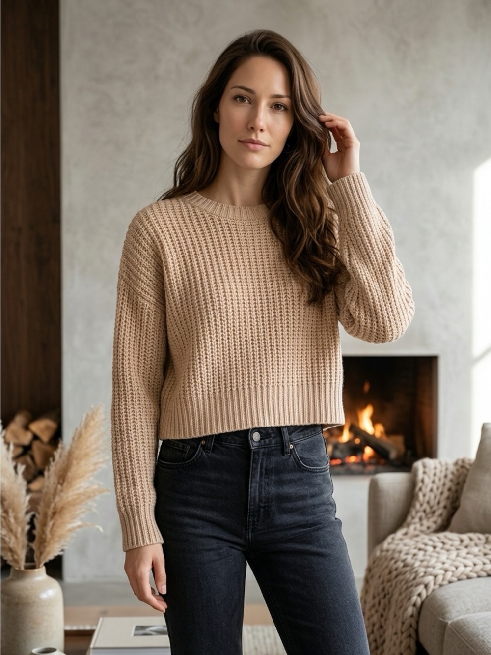 Vici Chunky Knit Scoop Neck Sweater in Light Beige
